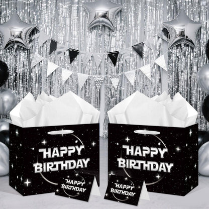 Anyangzhao Space Galaxy Birthday Gift Bag, Black Happy Birthday Gift Bag, with Greeting Card and Tissue Paper, Galaxy Party Favors Bag for Kids, Boys, Baby Shower, Star Theme Party Supplies