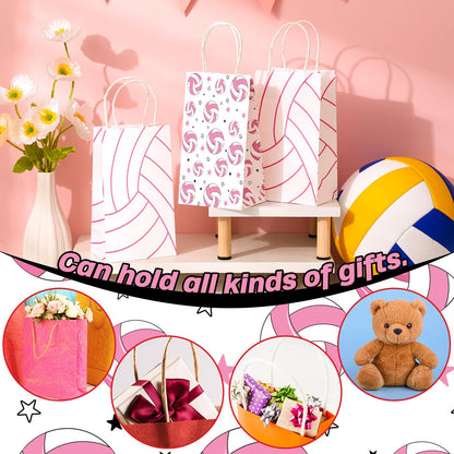 Eersida 16 Pcs Pink Volleyball Party Favor Pink Volleyball Goodie Bags Bulk with Handle Candy Treat Bags for Team Birthday Party Supplies
