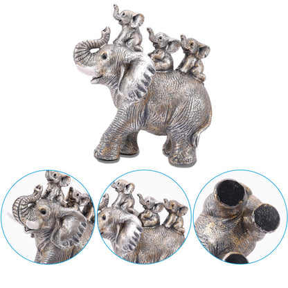 Cute Silver Elephant Statue Good Luck Elephant Carries Three Calves on Its Back Figurines Décor for Shelf Good Gifts for Women Decoration for Living Room, Bedroom, Office