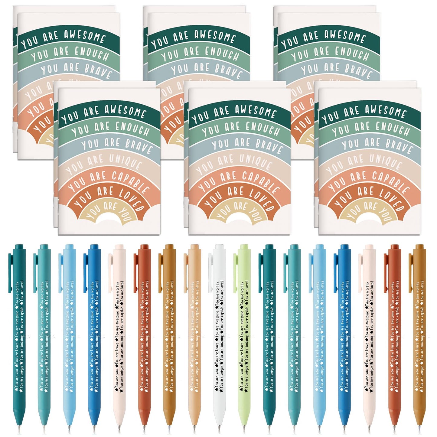 100 Pcs Mental Health Awareness Gifts Bulk Motivational Notebook Journals and Positive Affirmation Pen Mental Health Items for Coworker Nurse Week Teacher Student End of Year Gifts (Rainbow)