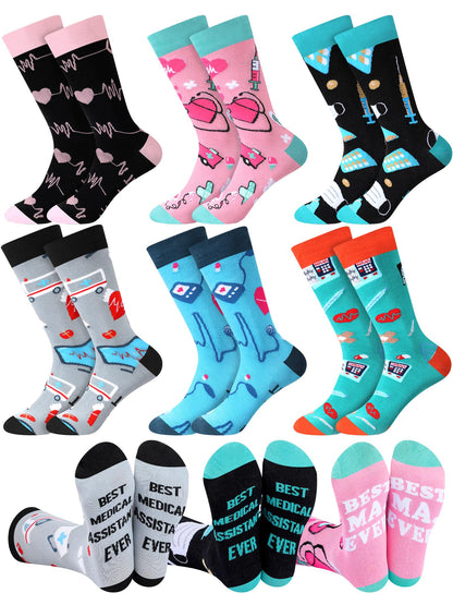 6 Pairs Medical Assistant Socks for Women Men Novelty MA Crew Socks Nurse Week MA Appreciation Gifts for Medical Assistant Healthcare Workers