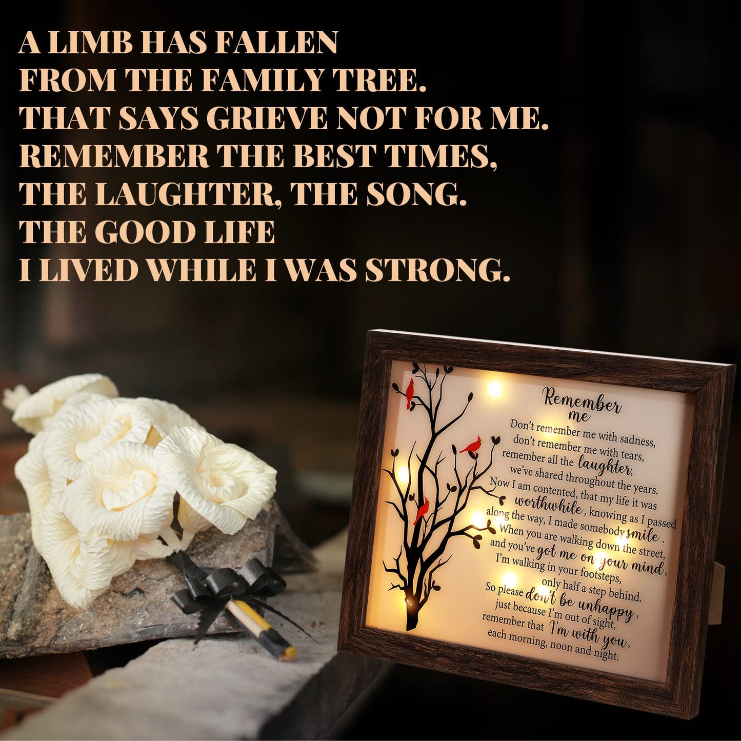 Gerrii Sympathy Memorial Gifts Red Cardinal Bereavement LED Memorial Gifts for Loss of Loved One Wooden Shadow Box 10'' x 8'' in Poem and Light for Mom Dad Father Funeral Bereavement(Retro Style)