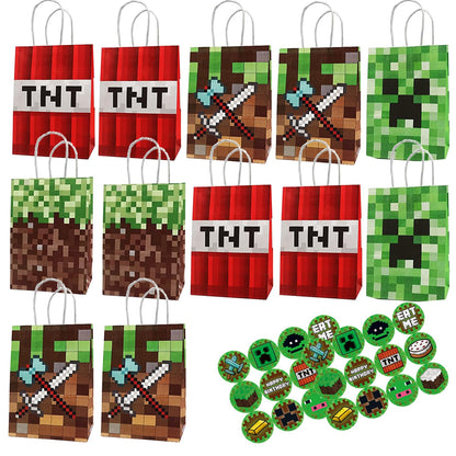 New 48pc Pixel Party Gift Bags - 24pcs Paper Bags & Stickers, Cute DIY Themed Party Supplies for Kids' Birthdays