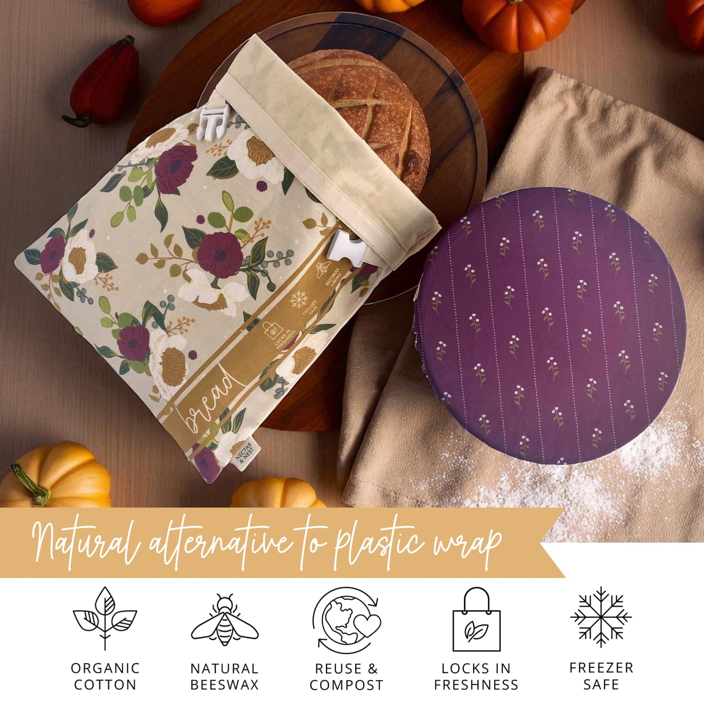 Nectar & Nest Bread Baker Set, Reusable Beeswax Bread Bags for Homemade Bread, Sourdough Bag, Organic Cotton Beeswax Bowl Cover, Limited-Edition Artist Series (December Blooms by Mackenzie Nelson Art)