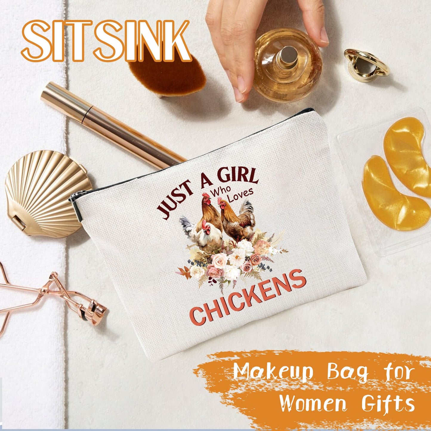 Sitsink Funny Gifts for Chicken Lovers - Just a Girl Who Loves Chickens Unique Gifts for Women, Rooster Flower Bouquet Makeup Bags, Gifts for Best Friends Birthday, Chicken Mom Stuff Girls Gifts