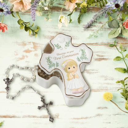 Precious Moments Blessings On Your First Communion, Bisque Porcelain Rosary Box with Rosary, First Communion Gift for Girls, Religious Keepsake for Catholic and Christian Faith