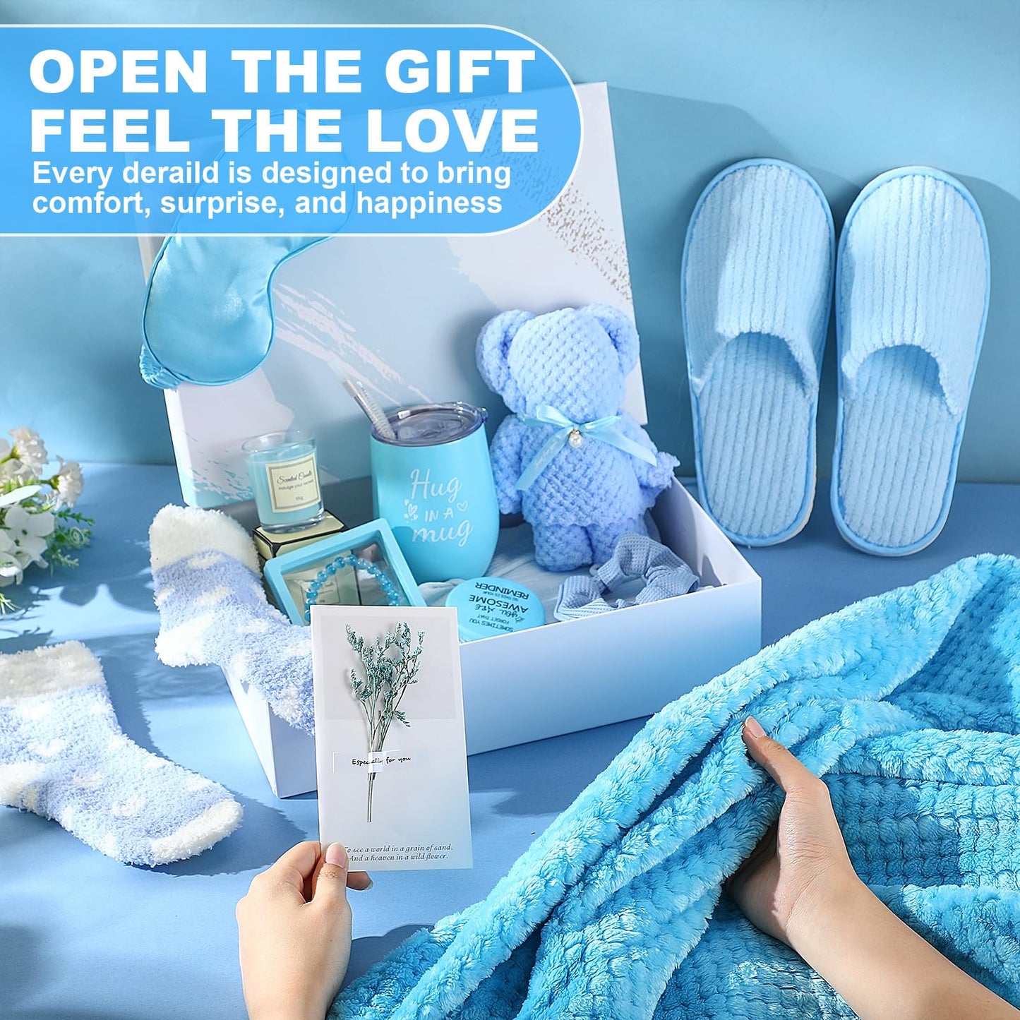Sieral 14 Pcs Birthday Gifts for Women Care Blanket Gifts Set Spa Baskets Get Well Soon Gift Baskets Mother's Day Gift for Women Mom Her Girlfriend Sister Daughter Friend Wife Grandma(Plain,Blue)