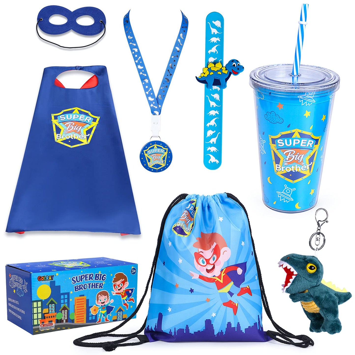Golray Super Big Brother Gifts Set with Superhero Cape Eyemask Dinosaur Slap Bracelets Necklace, Drawstring Backpack, Plush Keychain, Insulated Plastic Tumbler Cup Big Brother Gift Little Toddler Boy