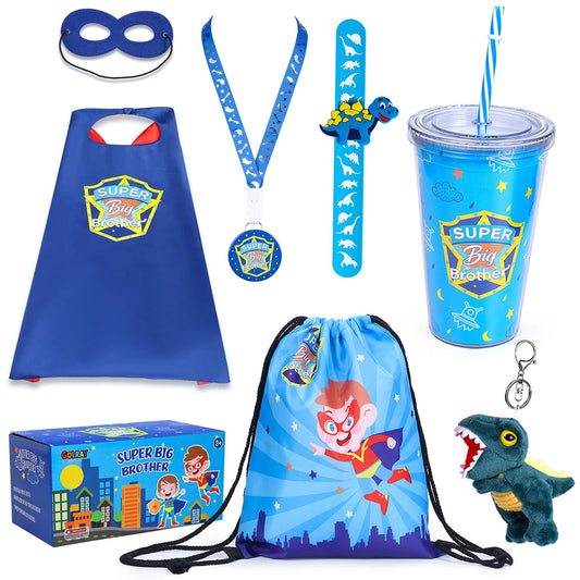 Golray Super Big Brother Gifts Set with Superhero Cape Eyemask Dinosaur Slap Bracelets Necklace, Drawstring Backpack, Plush Keychain, Insulated Plastic Tumbler Cup Big Brother Gift Little Toddler Boy