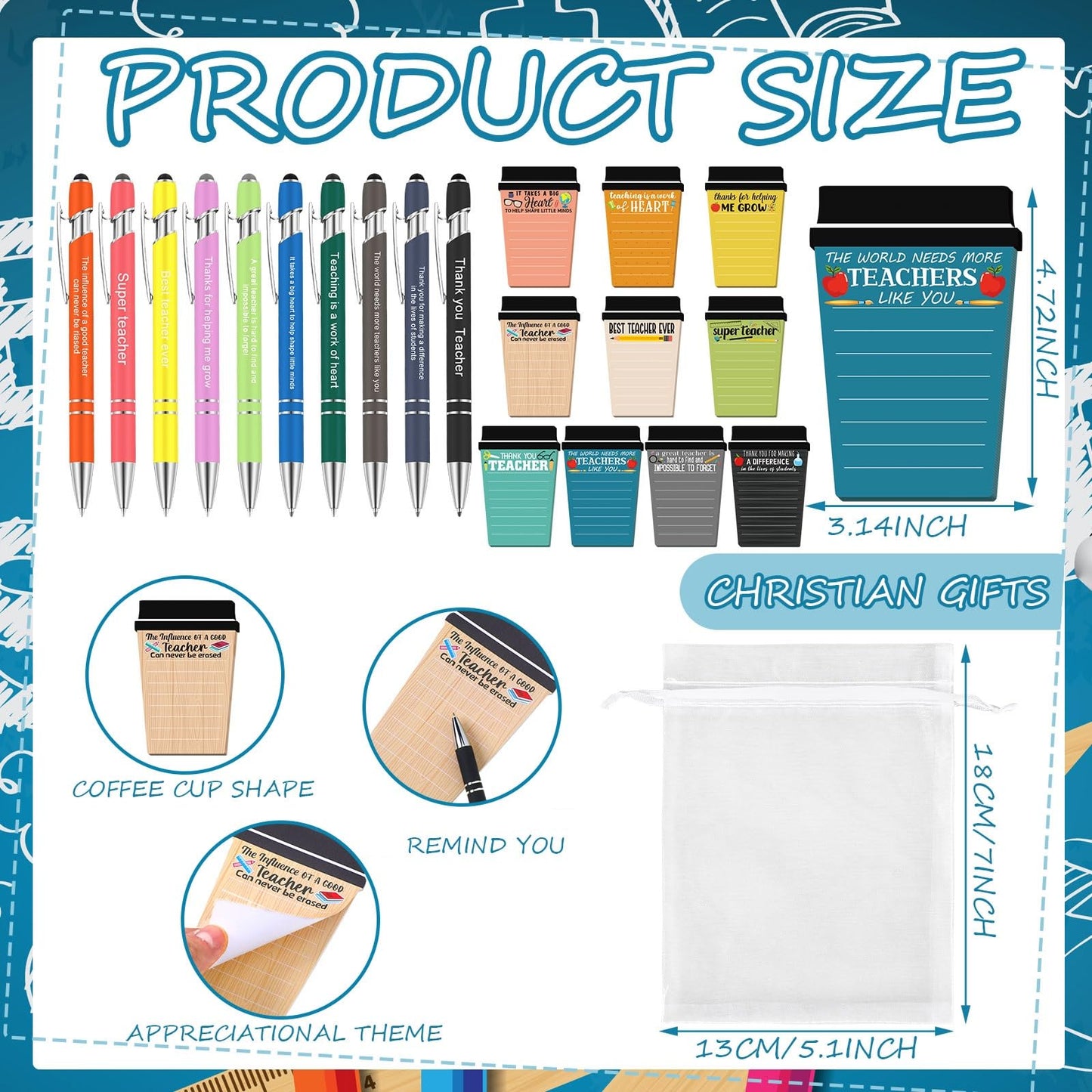 Kosiz 30 Set/90 Pcs Teacher Appreciation Gifts Bulk Coffee Cup Notepad Sticky Notes with Pen Organza Bag End of Year Teacher Gifts from Students Thank You Presents for Office School Classroom Supplies