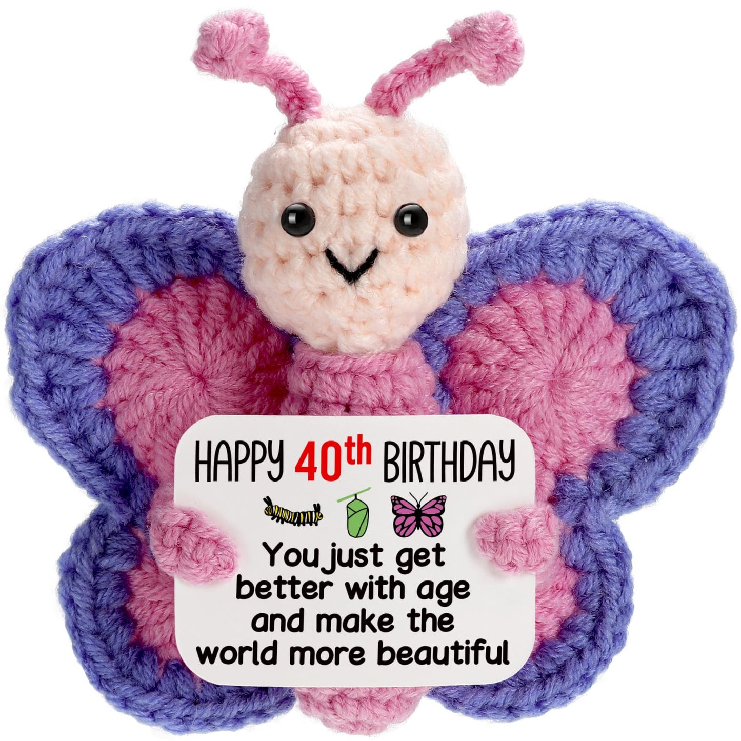 40th Birthday Gifts for Women, Tiny Crochet Butterfly Plush with Pink Purple Wings Holding Positive Note, Happy 40th Birthday Decoration & Gift for 40 Year Old Women