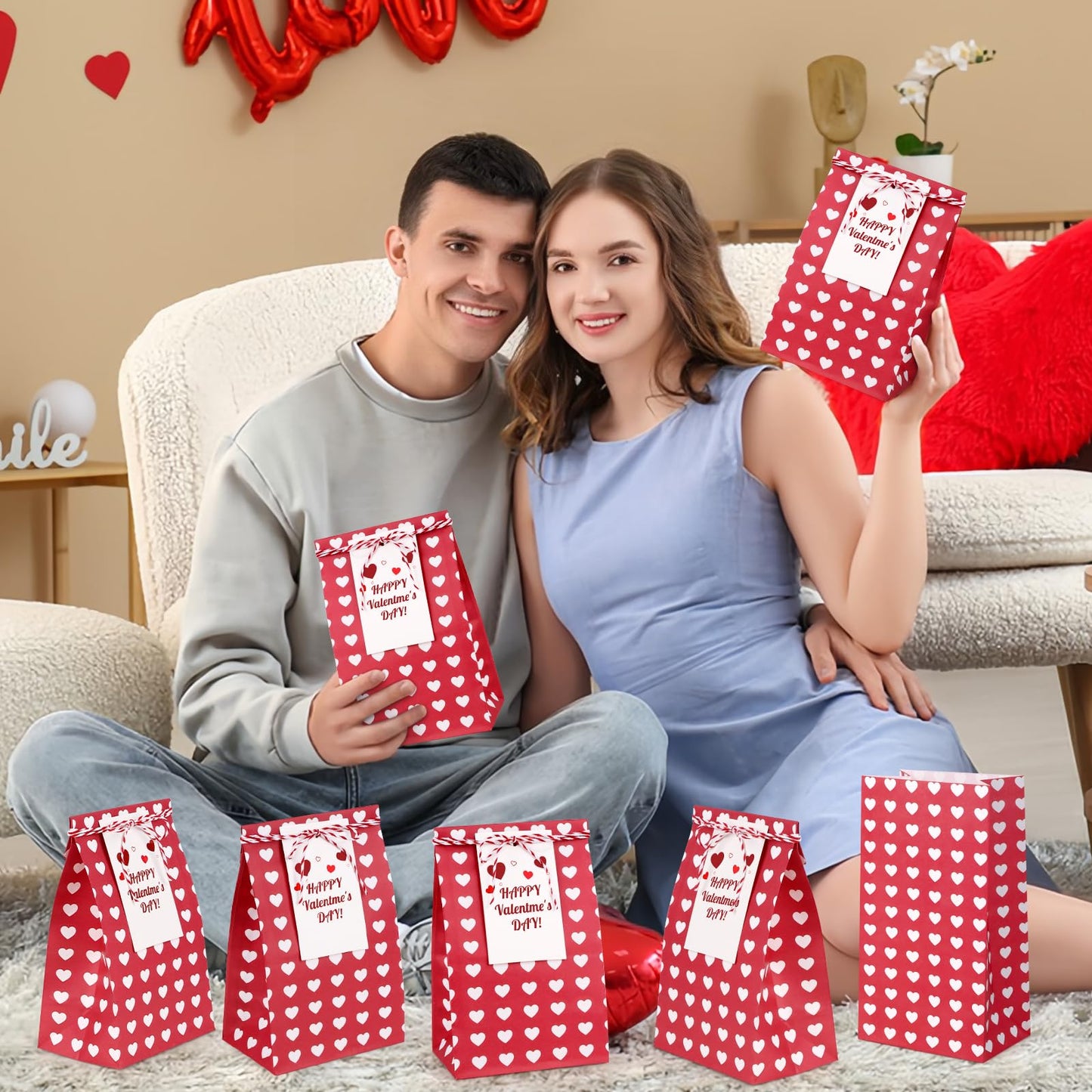 Abilat 24 Pack Valentines Gift Bags with Cards Valentine Gift Treat Bag Mini Goodie Bags for Valentine's Day Gifts Wrapping Party Favors, Classroom Exchange Prizes