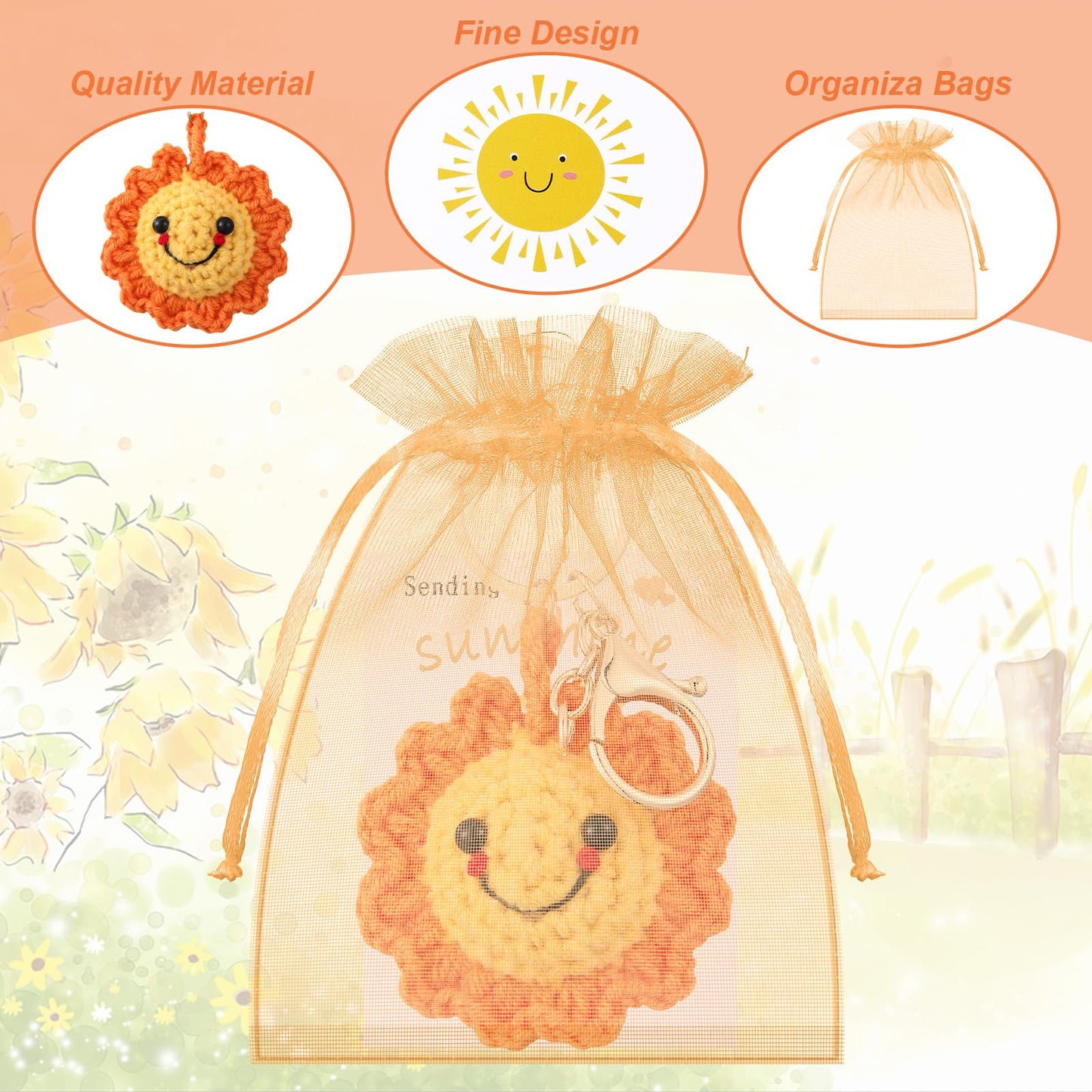 Zeyune 6 Sets Crochet Sunflower Keychains with Positive Card Inspirational Friendship Sunshine Keychain Appreciation Gift for Friends Family Employee Coworker Purse Wallet Handbags Backpack