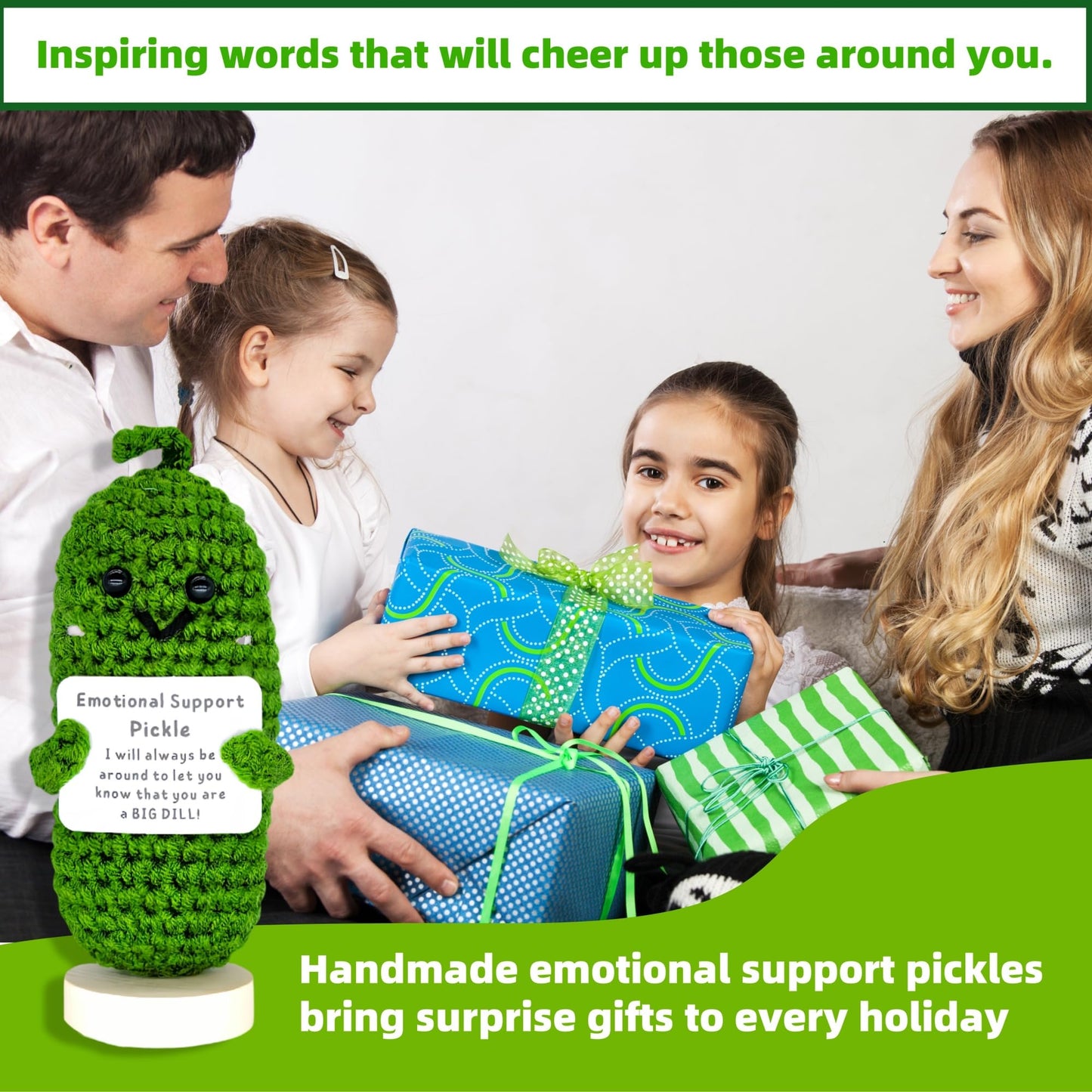 Handmade Cucumber Crochet Doll - Emotional Support Pickle Gift with Card,Cute Knitted Funny Support Potato Inspirational Birthday Gifts Mothers Day Present for Women Teens Gifts (Emotional Pickle)
