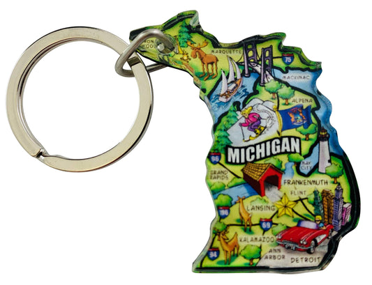 Westmon Works Michigan Keychain Acrylic Map Key Ring Retro Travel Souvenir Gift with Great Lake State Landmarks Design, 2 Inch