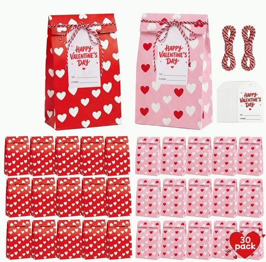 FVUILH 30 Pack Valentine’s Day Gift Bags with Tags & Twine - 15 Red & 15 Pink Small Paper Treat Bags for Kids Classroom Exchange - Heart Party Favor Goodie Bags for School Boys Girls Toddlers Bulk