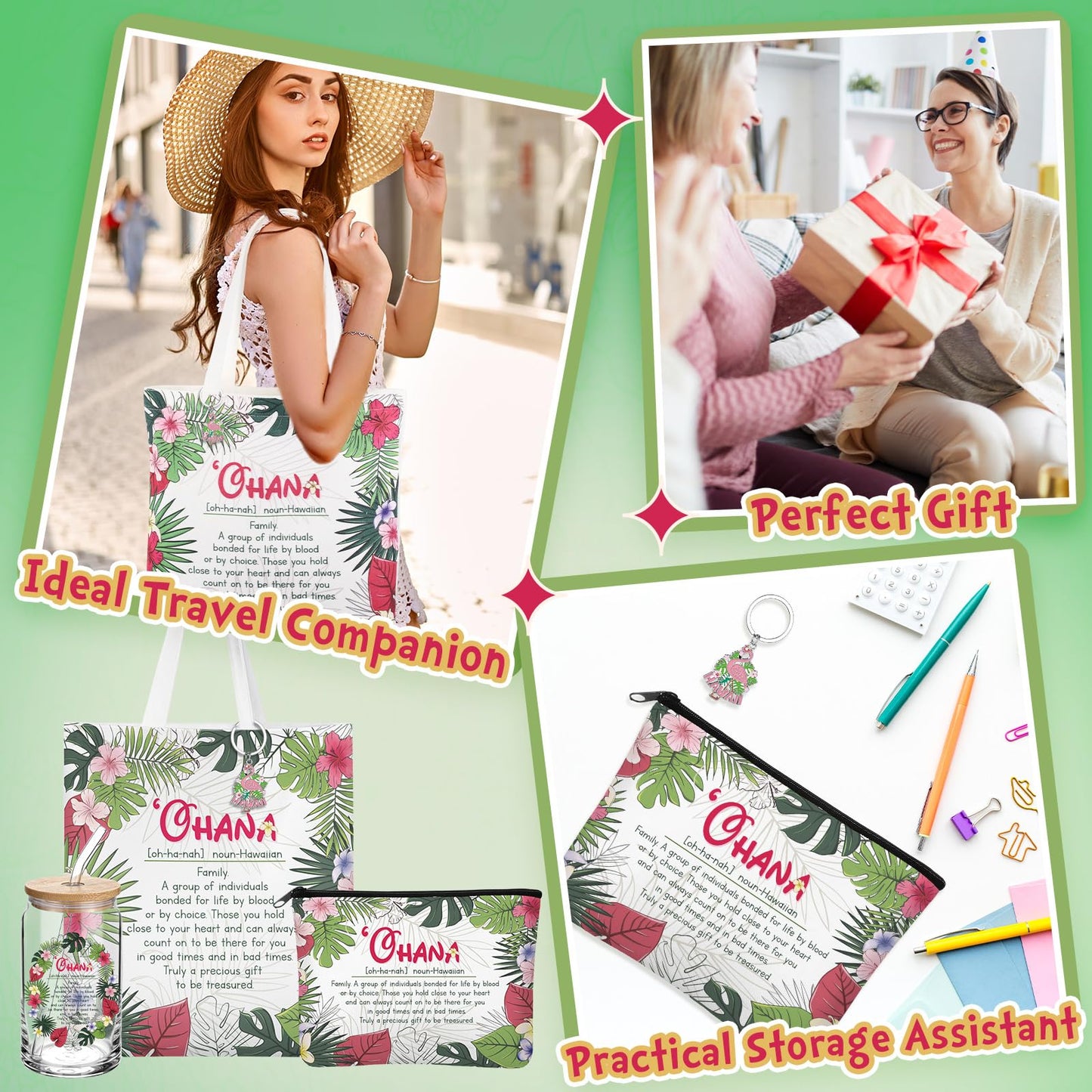 Chuangdi 4 Pcs Hawaiian Gifts for Women Hawaii Souvenirs Canvas Bag Cosmetic Bag 16 oz Tumbler and Keychain Summer Gifts for Friend Lover Sister Traveler