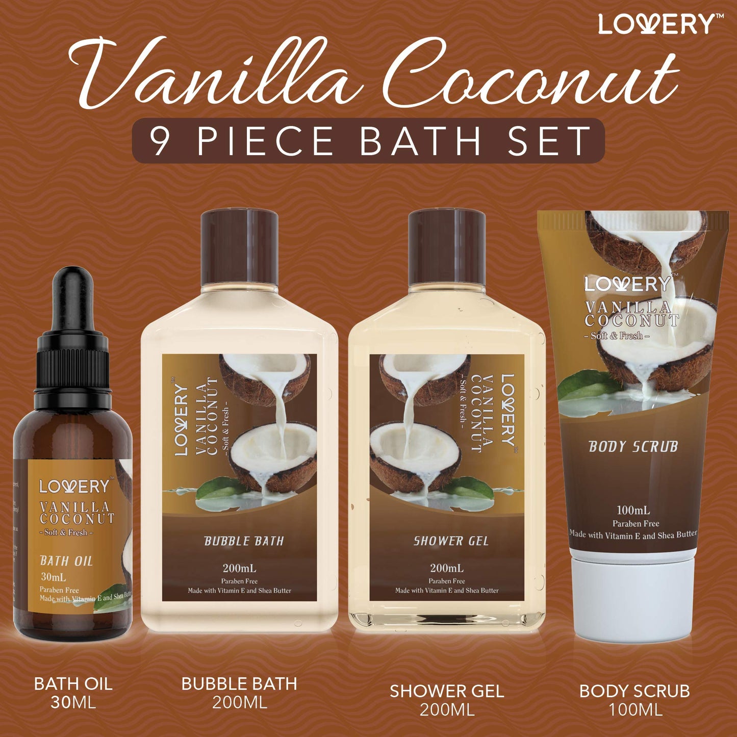 Gifts For Women Gift Basket for Women– Mothers Day Gifts for Mom, 9 Piece Set of Vanilla Coconut Home Spa Set, Luxurious Bath and Body Set, Includes Fragrant Lotions, Large Bath Bombs, Coconut Oil