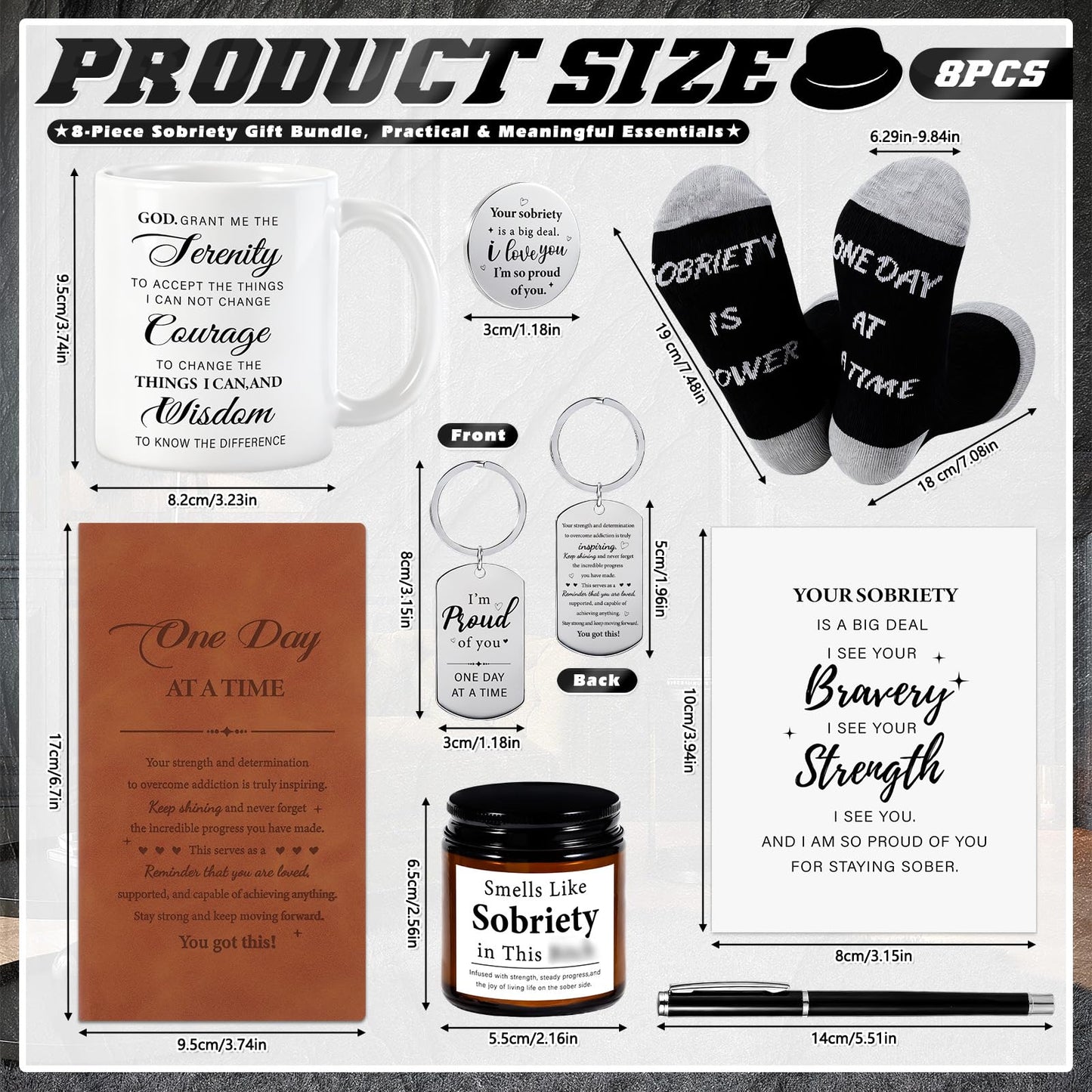 8 Pcs Sobriety Gifts for Men Women Sober Anniversary Present Set Alcoholics Anonymous Gifts Include Mug Socks Candle Journal Pen Sober Card Coin & Keychain Meaningful Sobriety Black Gift Box