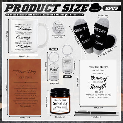 8 Pcs Sobriety Gifts for Men Women Sober Anniversary Present Set Alcoholics Anonymous Gifts Include Mug Socks Candle Journal Pen Sober Card Coin & Keychain Meaningful Sobriety Black Gift Box