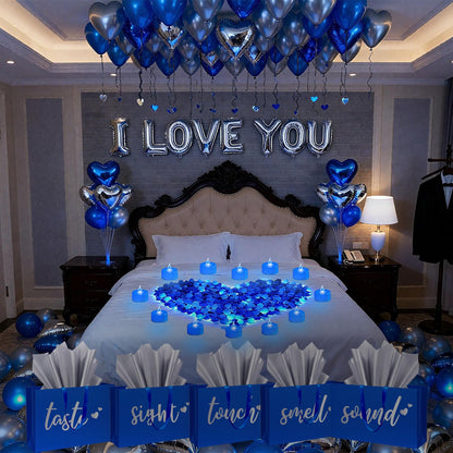 5 Senses Gift Bags Five Senses Gift Bags with Tissue Paper, Rose Petals, Balloons LED Tea Lights Party Decorations for Him Husband Boyfriend (Blue silver)