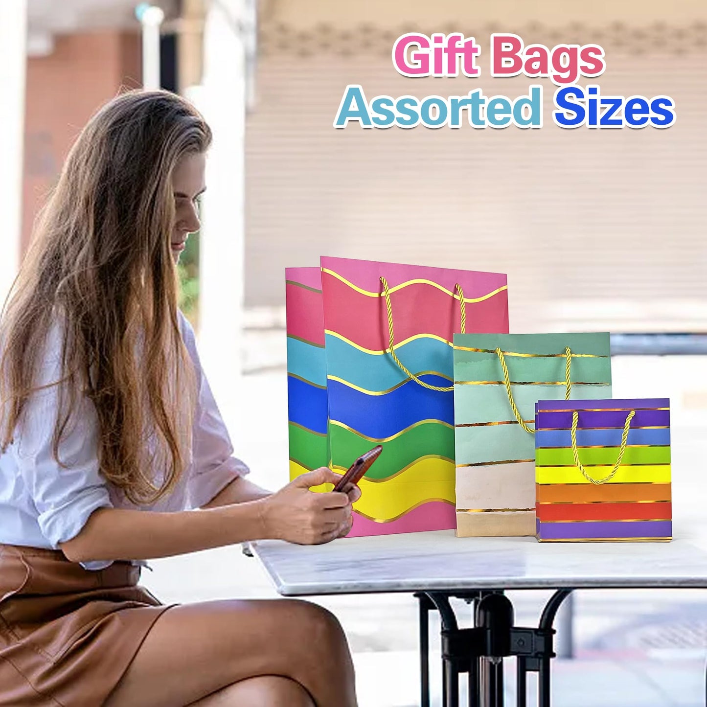 MUMULULU Gift Bags Assorted Sizes and Designs with Handle and Tissue Paper Birthday Gift Bags Rainbow for Birthday Bag Party Baby Shower Wedding Holiday Presents (Striped, 10)