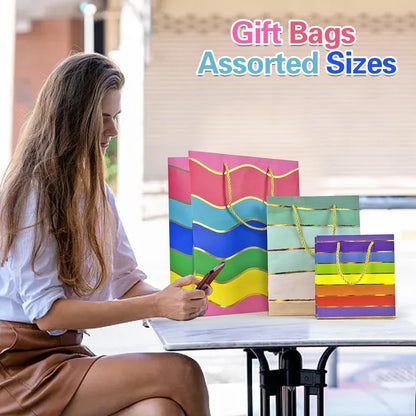 MUMULULU Gift Bags Assorted Sizes and Designs with Handle and Tissue Paper Birthday Gift Bags Rainbow for Birthday Bag Party Baby Shower Wedding Holiday Presents (Striped, 10)