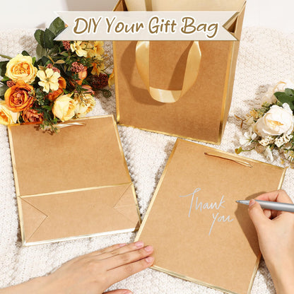 Yeaqee 10 Pack Metallic Paper Gift Bags with Handle Tissue Paper Thank You 5 Senses Gift Bag for Birthday Wedding Baby Shower Groomsmen Bridal Graduation Party Favor 9 x 7 x 3.15''(Kraft,Gold)