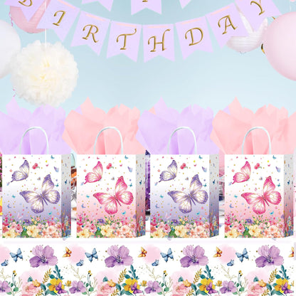 W WINTMING 16 Pcs Butterfly Gift Bags Butterfly Party Favor Bags with Tissue Paper Pink Purple Paper Goodie Bag Birthday Bag for for Wedding, Birthday, Party Supplies and Gift (Flower)