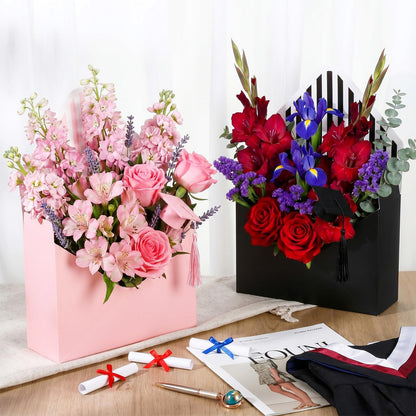 Outus 20 Pcs Floral Envelope Boxes for Graduation Empty Paper Flower Bouquet Envelop Paper Boxes Pink Black Stripe Florist Flower Bags for Gift Packaging Birthday Wedding Party