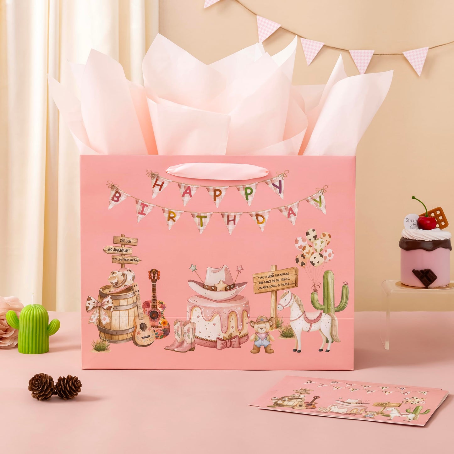 Crisky Large Cowgirl Birthday Bags for Girls with Card and Tissue Papers, Pink Bear Large Girl Birthday Gift Bag for Western Cowgirl Party Favors Decorations Bday Gifts, 13"