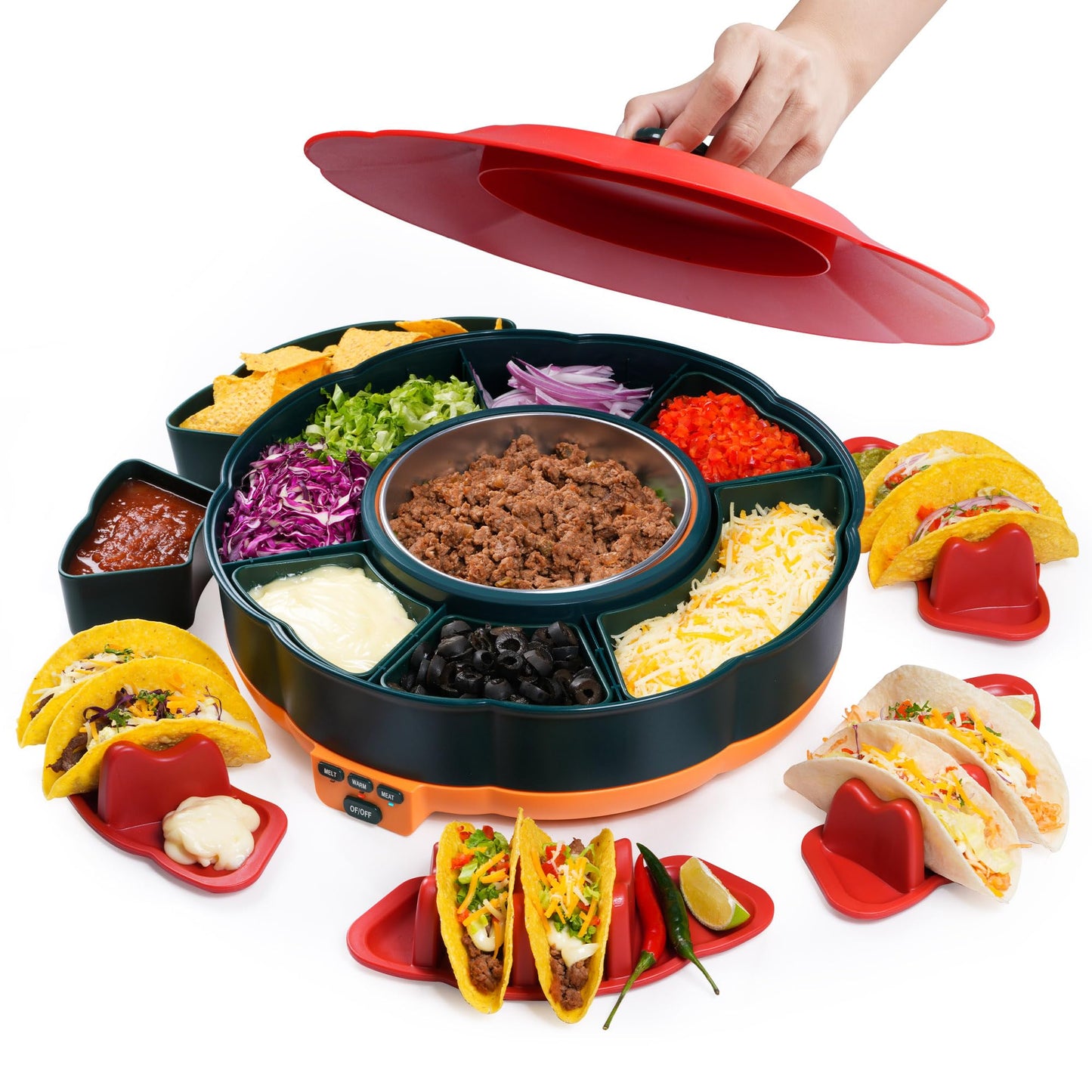 Taco Tuesday Kit - Taco Bar Serving Set for a Party with 33oz Heated Pot, 4 Taco Holders, Detachable Lazy Susan Tray, Perfect for Parties, Nachos Taco Night Fiesta Unique Couple & Housewarming Gift