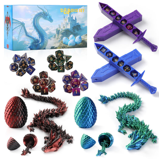 DND Dice Set and 3D Printed Dragon Eggs with Dragon Inside, Easter Basket Stuffers, Cool D&D Dice Gift, Suitable for Dungeons and Dragons RPG, MTG, Role Playing Table Game