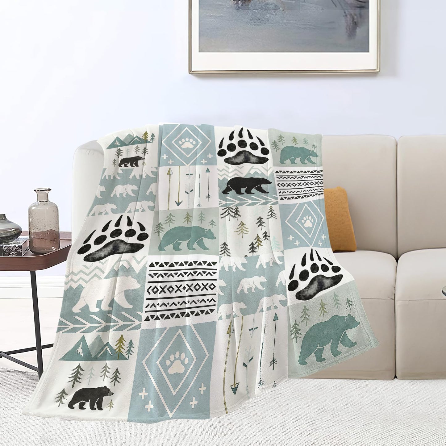 Bear Blanket Super Soft Warm Fluffy Fleece Flannel Forest Animal Throw Blanket Cozy Fuzzy Plush Stuff Bedding Blue Blankets Gifts for Women Kids Boys Girls Adults 50"X40"