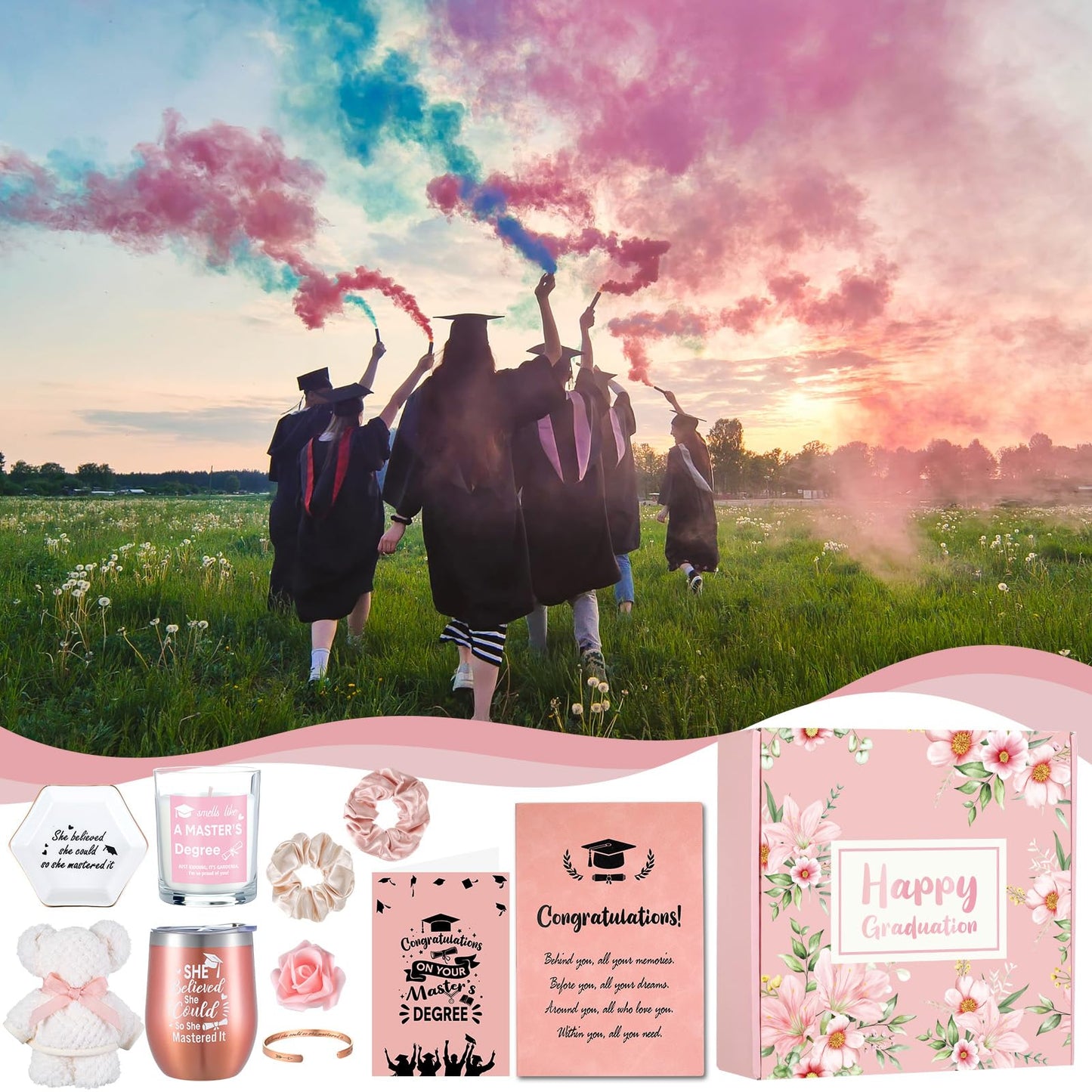 Sieral 11 Pcs Masters Graduation Gifts Set for Her Includes Notebook Tumbler Cup Candle Bracelet Ceramic Jewelry Dish Card and More Master Degree Inspirational Grad Gift for Daughter Sister Friend