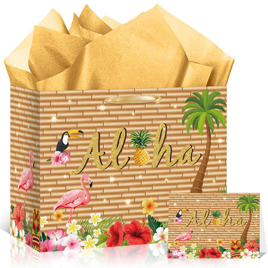 Hawaiian Gift Bag Luau Tiki Party Decorations Wood grain Hawaiian Gift Bag with Tissue Paper and Card Flamingo Beach Wrapping Bags for Tropical Summer Beach Pool Birthday Party Decorations