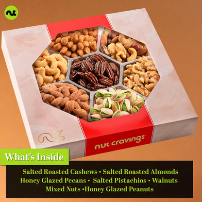 NUT CRAVINGS - Fathers Day Treats, Gift For Dad, Mixed Nuts Gift Basket in Red Gold Box (7 Assortments, 1 LB) Treats for Adults, Food Arrangement, Healthy Snack Care Package, Kosher