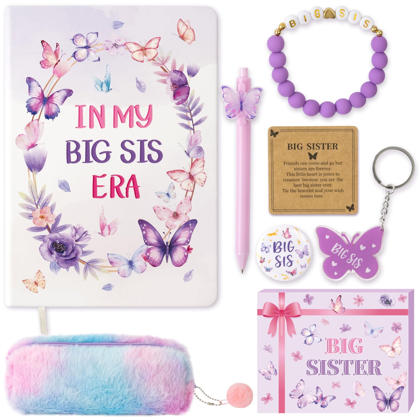 CY2SIDE Big Sister Gifts for Girls, 7PCS In My Big Sis Era Announcement Set Include Butterfly Notebook Pen Plush Pouch Keychain and Greeting Card, Charm Birthday Gifts for New Sibling Arrival Age 2-8