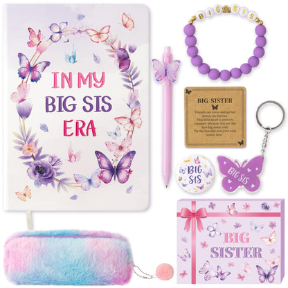 CY2SIDE Big Sister Gifts for Girls, 7PCS In My Big Sis Era Announcement Set Include Butterfly Notebook Pen Plush Pouch Keychain and Greeting Card, Charm Birthday Gifts for New Sibling Arrival Age 2-8
