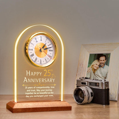 OkiyiD Light Up 25th Anniversary Wedding Gifts Quartz Clock with Wooden Base,25 Years Silver Wedding for Couple,Parents,Soft Warm White Lighting 25th Anniversary Decoration Gifts