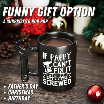 Onebttl Pappy Gifts for Fathers Day, Christmas, Coffee Mug with Wrench Handle, 13.5oz/400ml Funny Mug for Grandpa