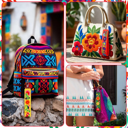 Kigeli 12 Pcs Mexican Floral Embroidery Keychain Set, Vibrant Color Polyester Fabric Keychain & Zipper Pull, Mexican Gift for Women Men, Day of The Dead, Purse Backpack Car Keys