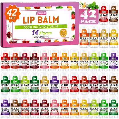 Yopela Mini Lip Balm Bulk 42 Pack, Natural Lip Balms with Vitamin E and Coconut Oil, Moisturizing and Nourishing Dry Cracked Lips,14 Flavors Chap Sticks Small Gift Party Favors for Kids Adults