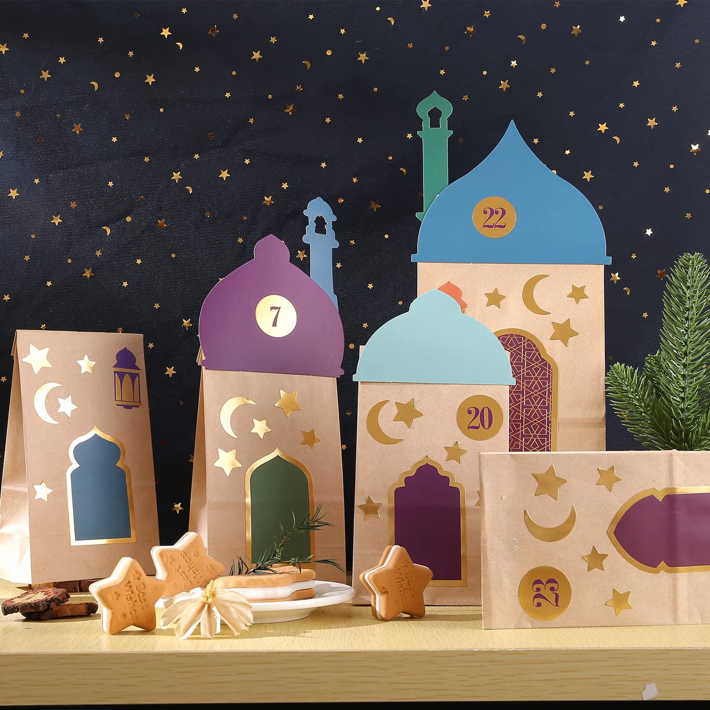 KESOTE 30CT Eid Mubarak Gift Bags Treat Bags with Moon & Star Stickers, Ramadan Countdown Advent Calendar DIY Brown Paper Bags
