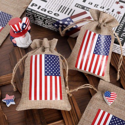 Whaline 20 Pcs 4th of July 250 Anniversary Burlap Drawstring Gift Bags Patriotic American Flag Treat Goodie Bags Pouch Bag for Independence Day Memorial Day Veterans Day Labor Day DIY Crafts Decor, 4 x 6"