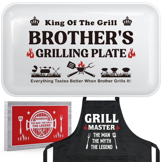 Brother Gifts for Fathers Day Birthday Christmas Valentines Day,Funny BBQ Grilling Platter with Apron Set Gifts for Little Big Adult Brother in Law from Sister, Novelty Grill Aprons for Brothers Men