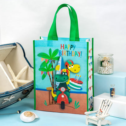 WRAPAHOLIC Large Reusable Dinosaur Birthday Gift Bag with Handles - 10 x 5 x 13 inch - Dinosaur Happy Birthday