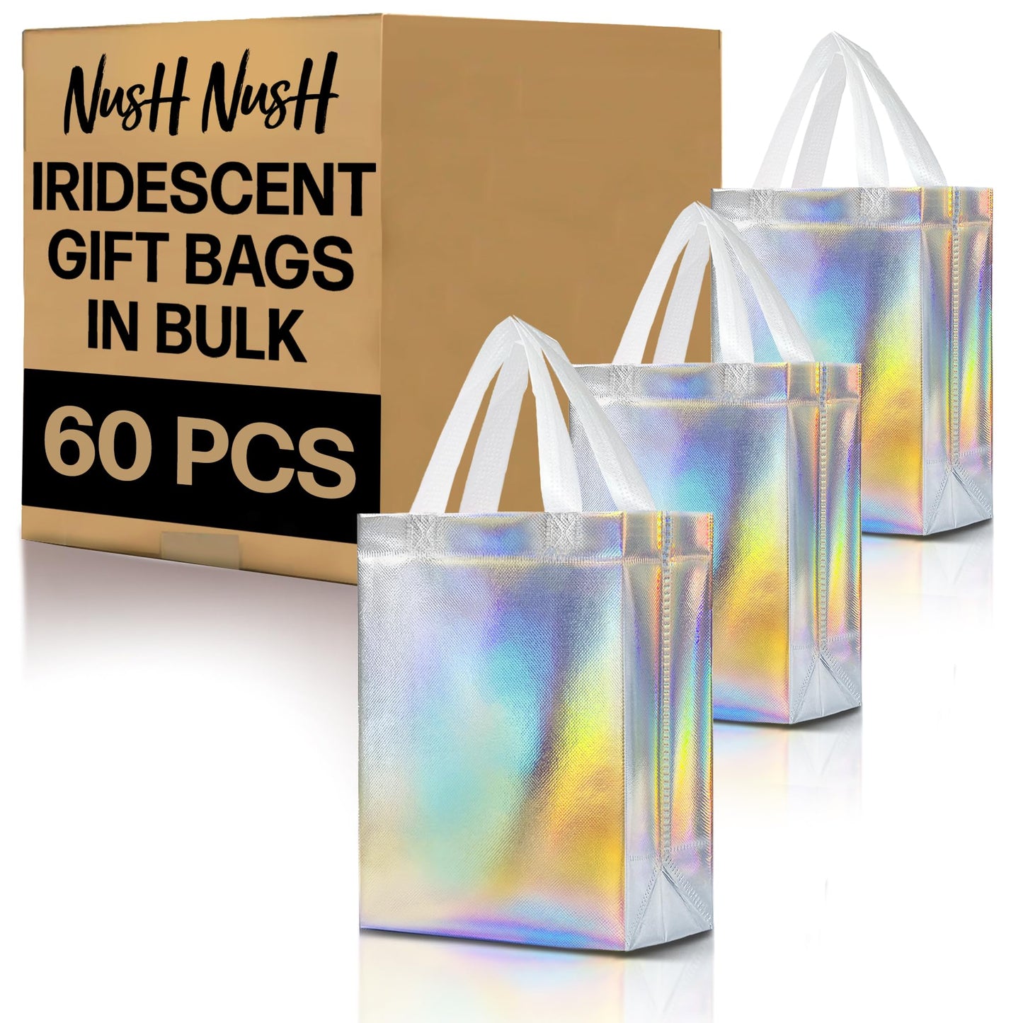 Nush Nush Set of 60 Iridescent Gift Bags Bulk Medium Size - Reusable Holographic Gift Bags With Handles - Goodie Bag for Birthday, Small Business, Wedding Welcome Gifts, Large Events – 8W x 4D x 10H