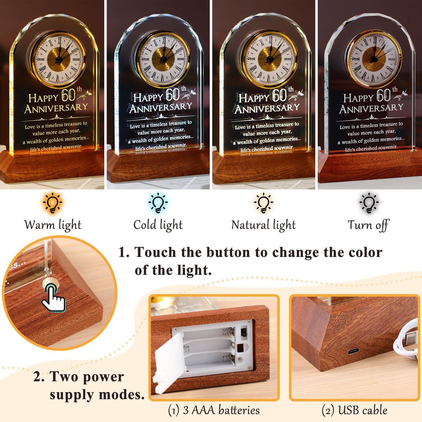 YWHL 60th Wedding Anniversary Clock Gifts for Parents Grandparents, 60 Years Anniversary Couple Gift, Table Clock Glass Presents with Wooden Light Base for Home Decoration (Battery not Included)