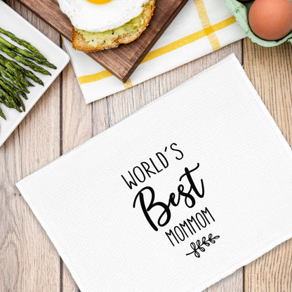 World's Best Mommom Gifts Kitchen Towels, Christmas Bathroom Hand Towels Gifts for Grandma Birthday Mother's Day, Rustic Leaf Black and White Minimalist Tea Dish Towel Decor 16x24in